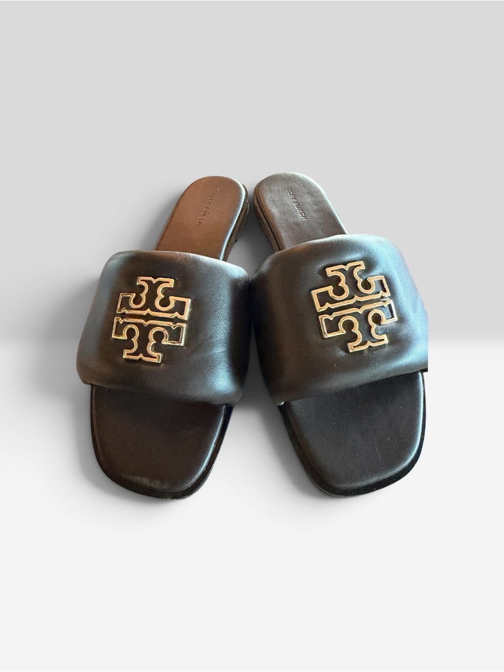 Tory Burch Black Slide Sandals with Gold Logo Hardware